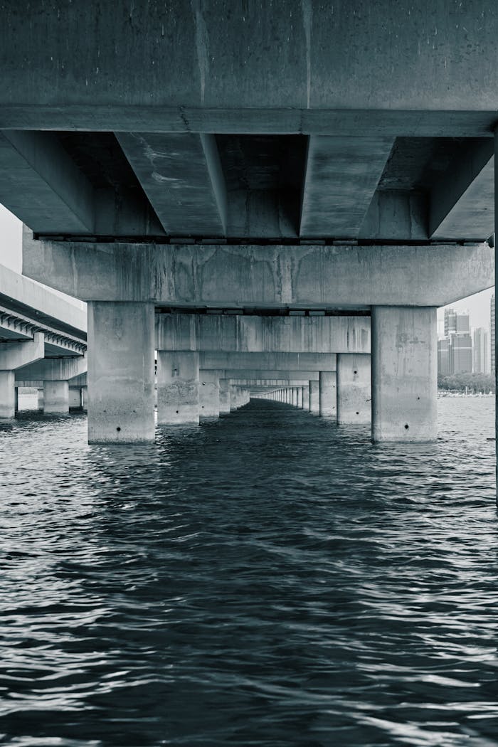 Moody, concrete bridge stretching over a river in an urban setting, showcasing architecture and symmetry.